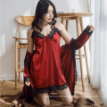 Two Piece Sexy Lace Satin Sleepwear Set Silk Women Robes